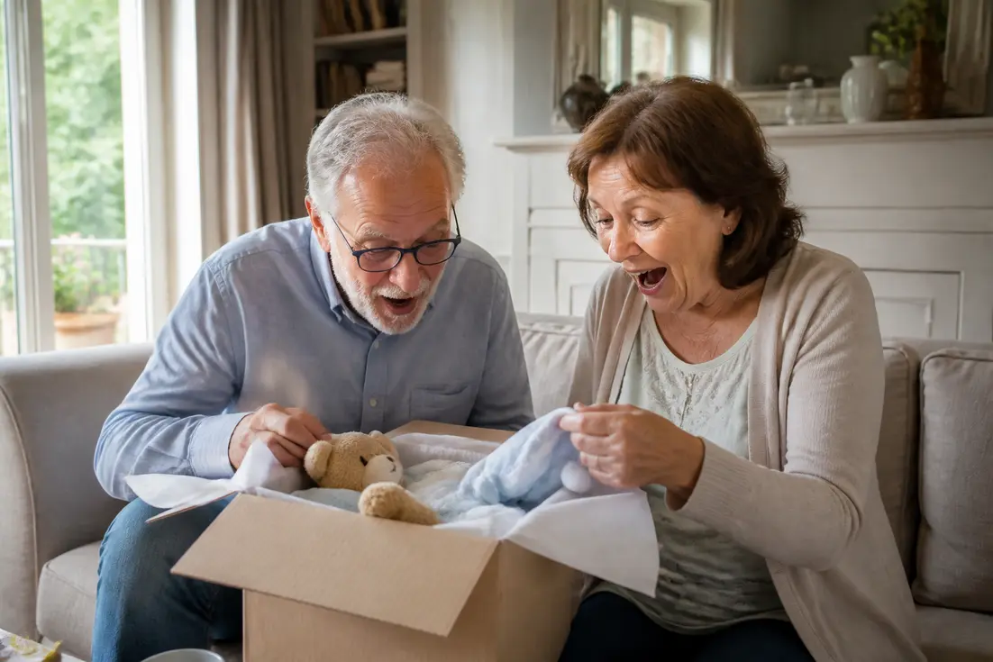 Un couple de futurs grands-parents découvrant de superbes idées cadeaux annonce grossesse grands-parents dans un salon lumineux.