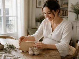 Une future maman prépare une annonce originale grossesse avec des chaussons tricotés sur une table en bois.