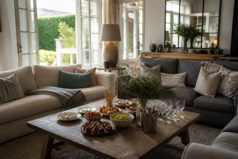 Salon lumineux d'une maison de campagne pour un week-end EVJF relaxant.
