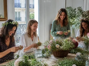 Amies préparant des activités EVJF tendance autour d'un atelier floral DIY dans un appartement lumineux