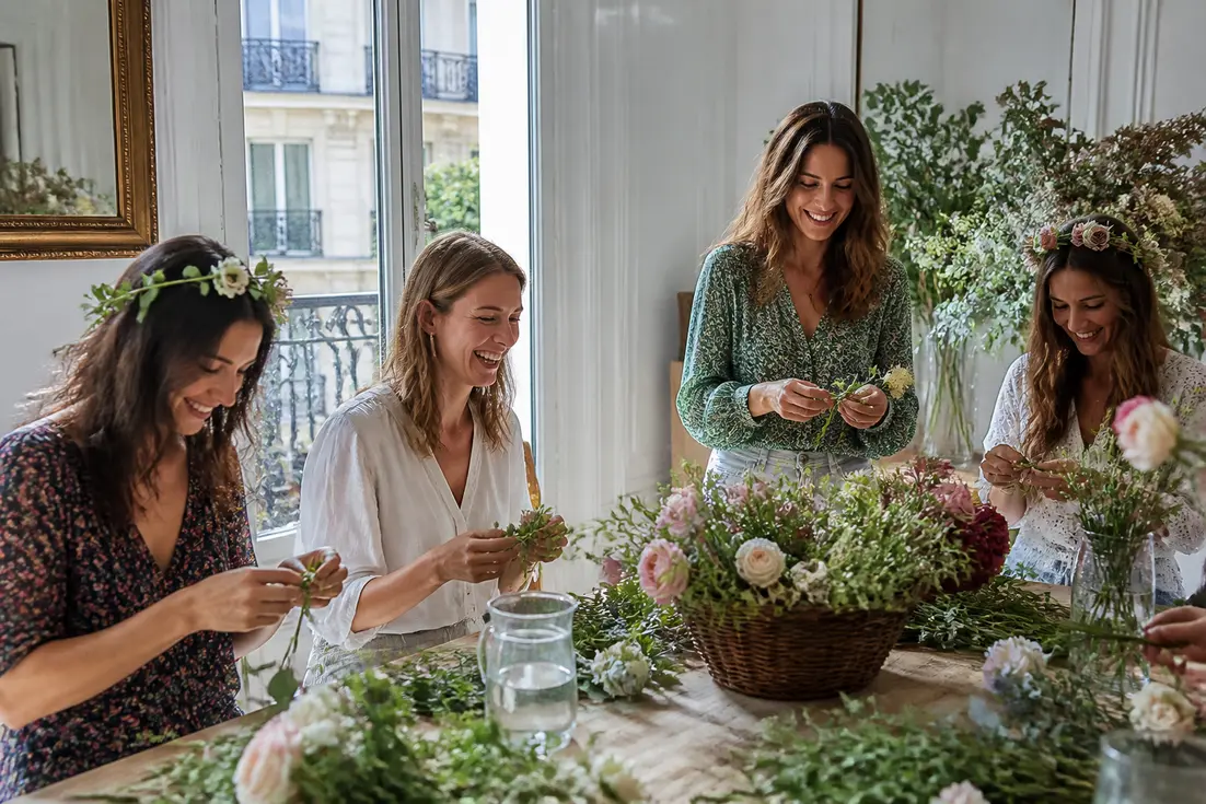 Amies préparant des activités EVJF tendance autour d'un atelier floral DIY dans un appartement lumineux