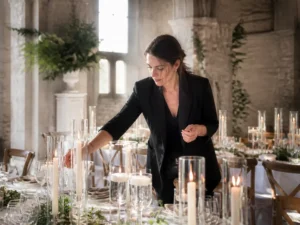 Mise en place de la décoration avec des idées déco bougie mariage sur une table de réception en salle