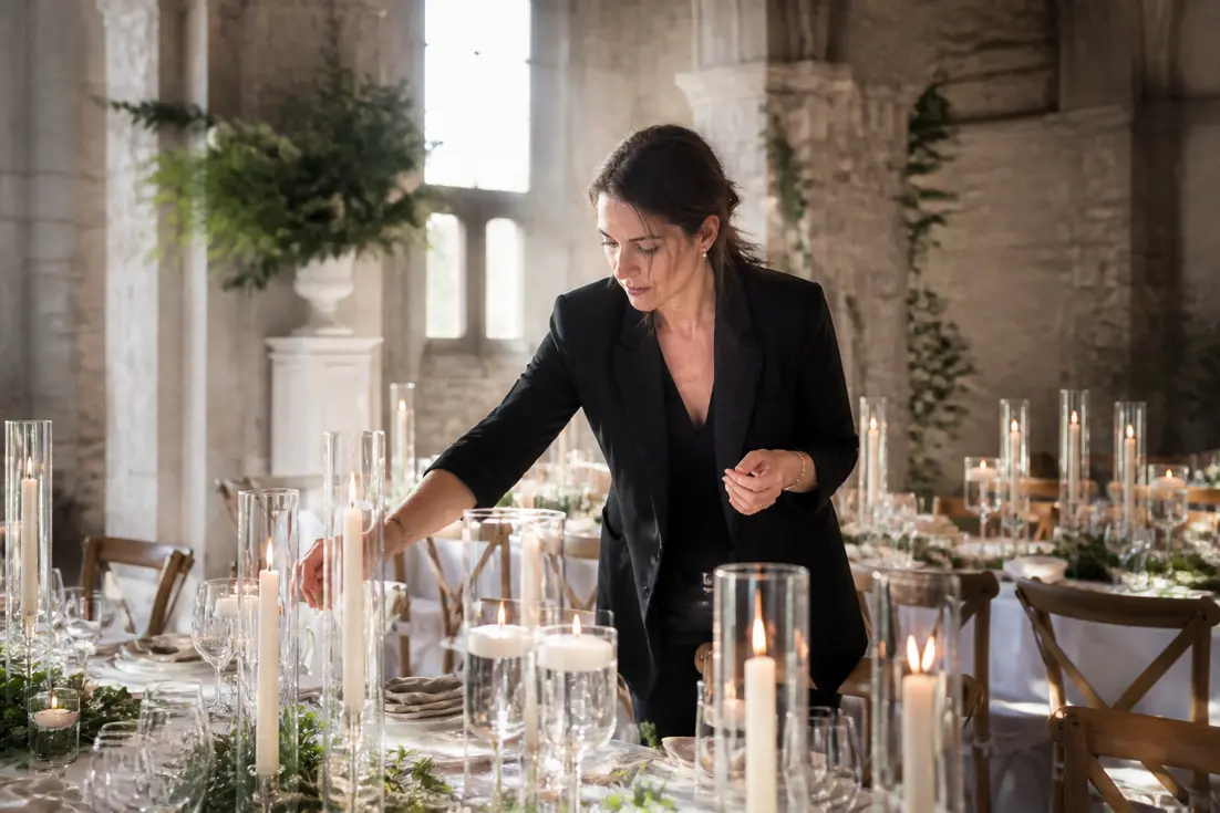 Mise en place de la décoration avec des idées déco bougie mariage sur une table de réception en salle