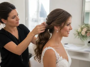 Une coiffeuse ajuste une coiffure mariage queue de cheval ondulée pour une mariée dans un salon lumineux.