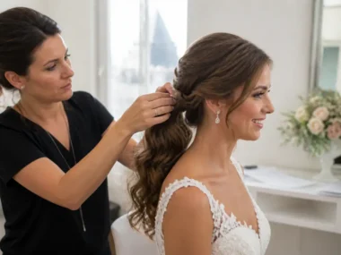Une coiffeuse ajuste une coiffure mariage queue de cheval ondulée pour une mariée dans un salon lumineux.