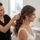 Une coiffeuse ajuste une coiffure mariage queue de cheval ondulée pour une mariée dans un salon lumineux.