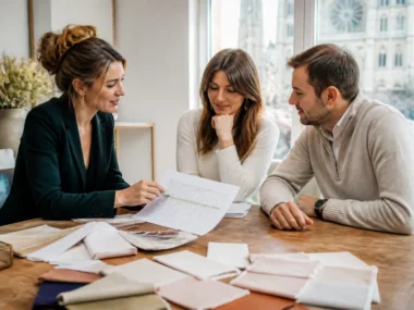 Un couple et un wedding planner étudient un devis papier pour savoir combien coûte un mariage à Chartres