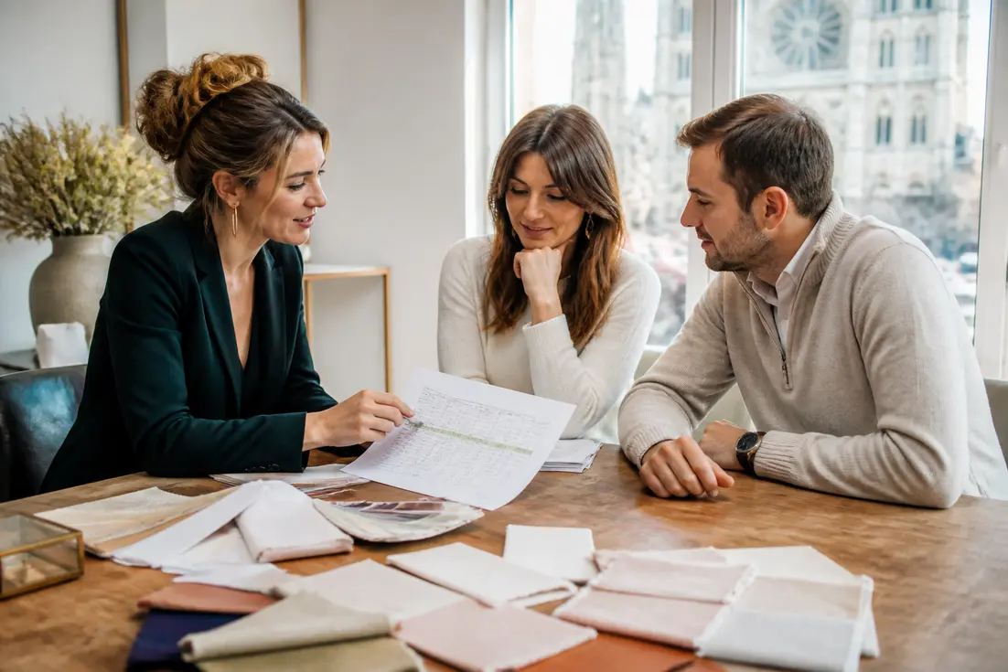 Un couple et un wedding planner étudient un devis papier pour savoir combien coûte un mariage à Chartres