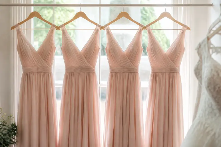 Quatre robes de demoiselles d'honneur suspendues dans un atelier de mariage baigné de lumière naturelle