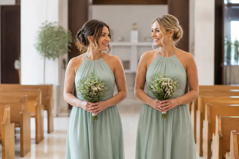 Deux demoiselles d'honneur avançant par paires lors de la répétition d'une cérémonie de mariage