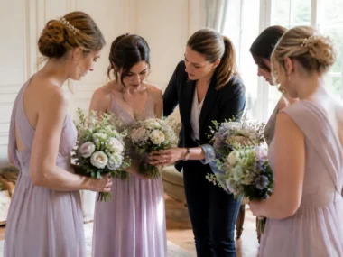 Quatre demoiselles d'honneur en robes pastel préparent leurs bouquets pour un mariage, illustrant combien de demoiselles d'honneur choisir.