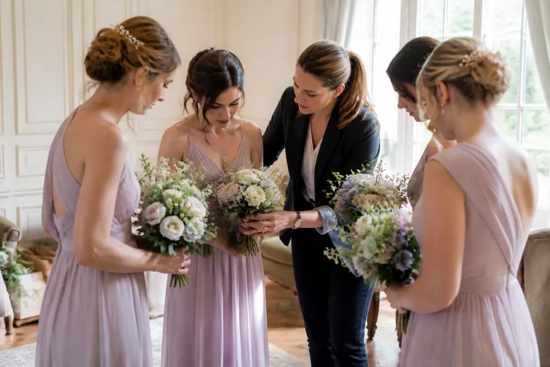 Quatre demoiselles d'honneur en robes pastel préparent leurs bouquets pour un mariage, illustrant combien de demoiselles d'honneur choisir.