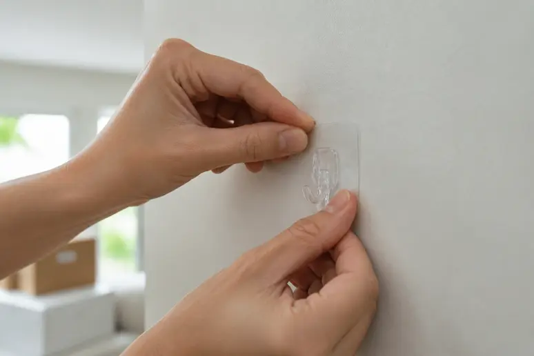 Pose d'un crochet adhésif sur un mur peint pour une décoration de salle de fête sans perçage