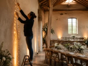 Décoration salle de fête avec des guirlandes lumineuses et des crochets sans percer les murs