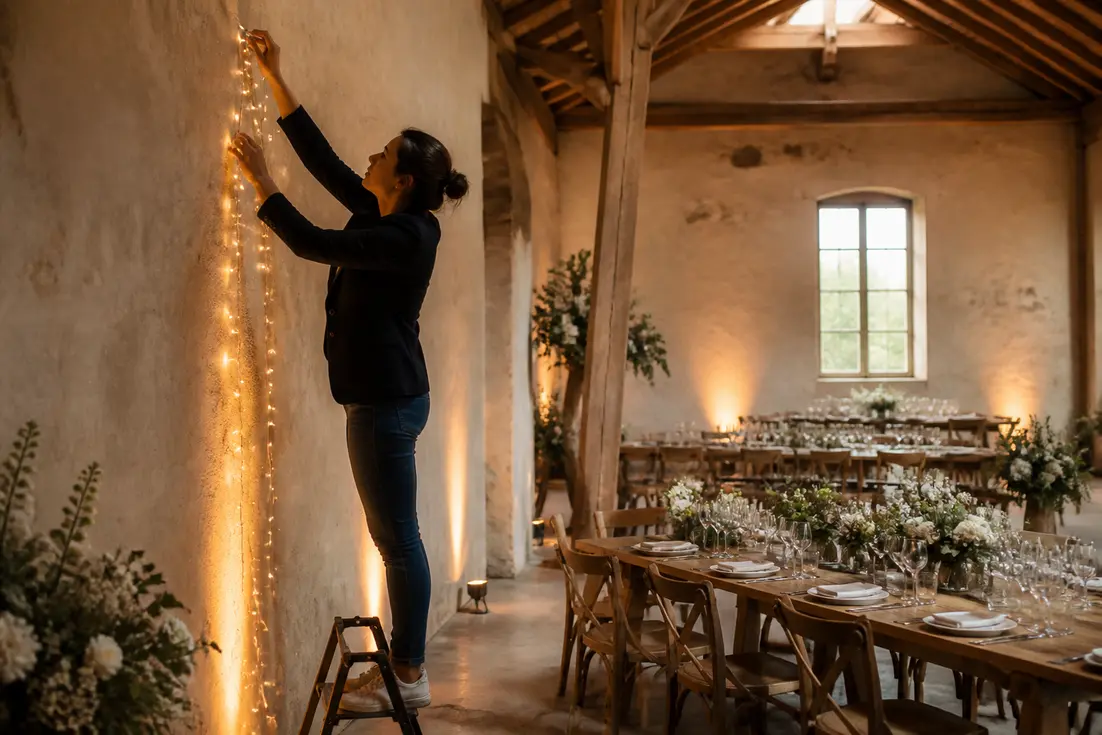 Décoration salle de fête avec des guirlandes lumineuses et des crochets sans percer les murs