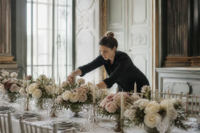 Wedding designer installant des compositions florales et une table de mariage sur-mesure