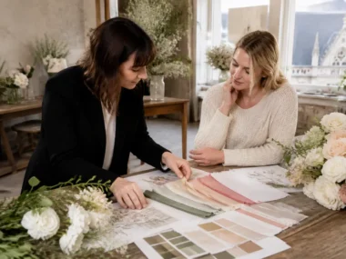 décoratrice mariage prix et wedding planner préparant un projet floral dans un atelier