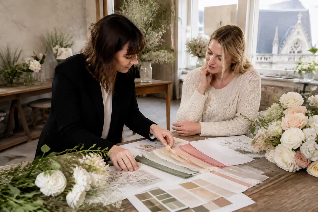 décoratrice mariage prix et wedding planner préparant un projet floral dans un atelier