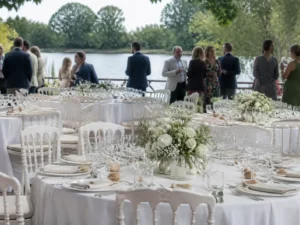 Vue d'une table de mariage Domaine du Lac Aussonne dressée avec soin pour un repas festif au bord de l'eau