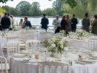 Vue d'une table de mariage Domaine du Lac Aussonne dressée avec soin pour un repas festif au bord de l'eau