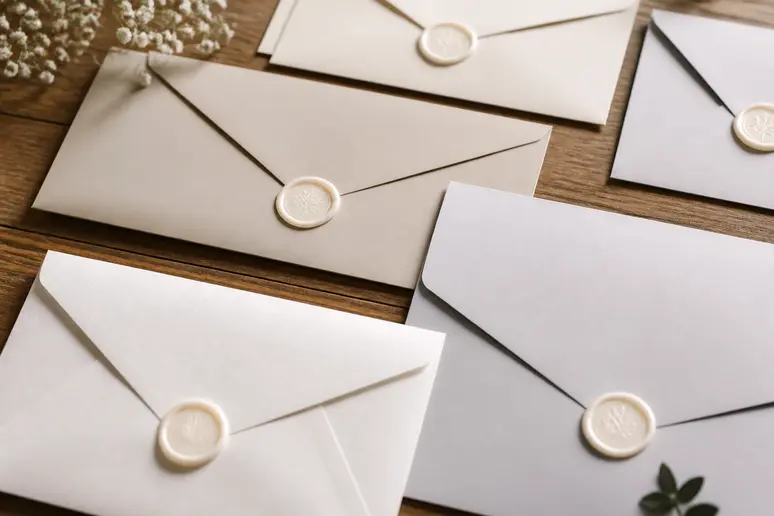 Sélection d'enveloppes de mariage aux formats standard posées sur une table en bois clair.