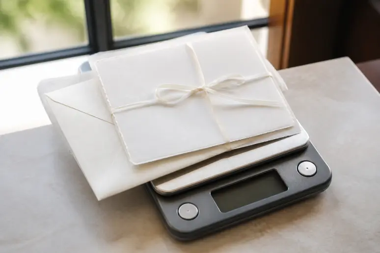 Balance de précision utilisée pour peser un faire-part de mariage et son enveloppe.