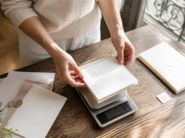 Mains pesant un faire-part sur une balance pour savoir comment choisir enveloppe mariage sans dépasser vingt grammes