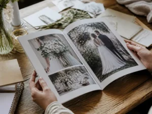Exemple pratique sur table en bois montrant comment créer une gazette des mariés avec du papier épais