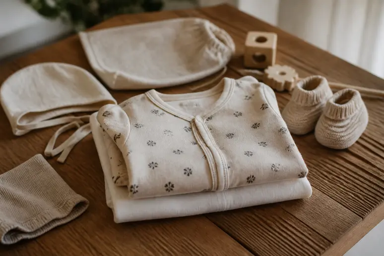 Vêtements pour nourrisson en taille trois mois soigneusement pliés sur une table pour une idée cadeau baby shower utile