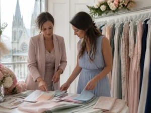 Deux amies discutent des tendances et des idées tenue mariage dans un atelier lumineux