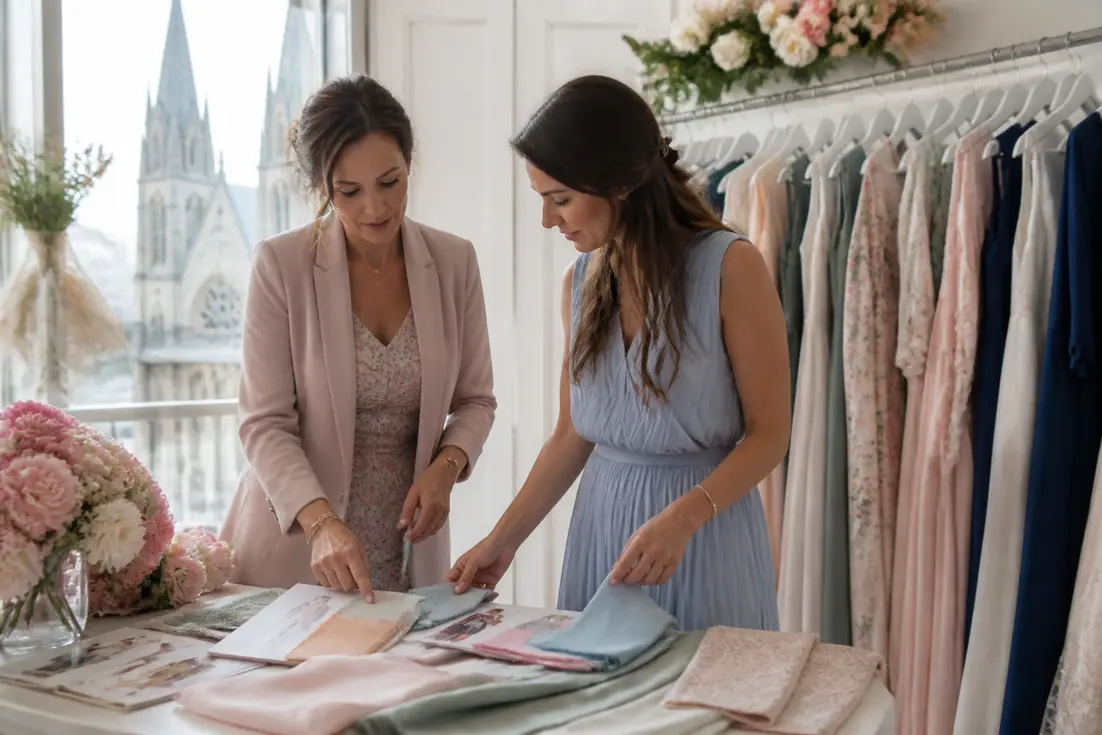 Deux amies discutent des tendances et des idées tenue mariage dans un atelier lumineux