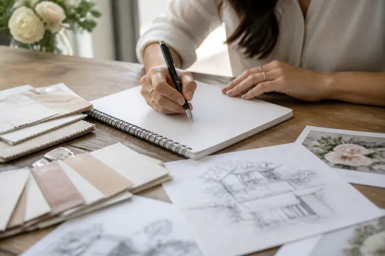 Mains remplissant les pages d'un carnet de notes à spirales pour la préparation d'un mariage.