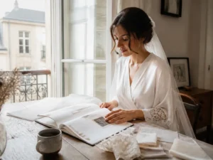 Une future mariee feuillette un livre preparation mariage sur une table en bois lumineux a Chartres