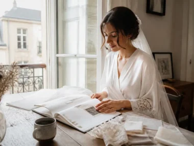 Une future mariee feuillette un livre preparation mariage sur une table en bois lumineux a Chartres