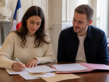 Futurs mariés consultant une liste documents mariage et des papiers administratifs sur une table en bois