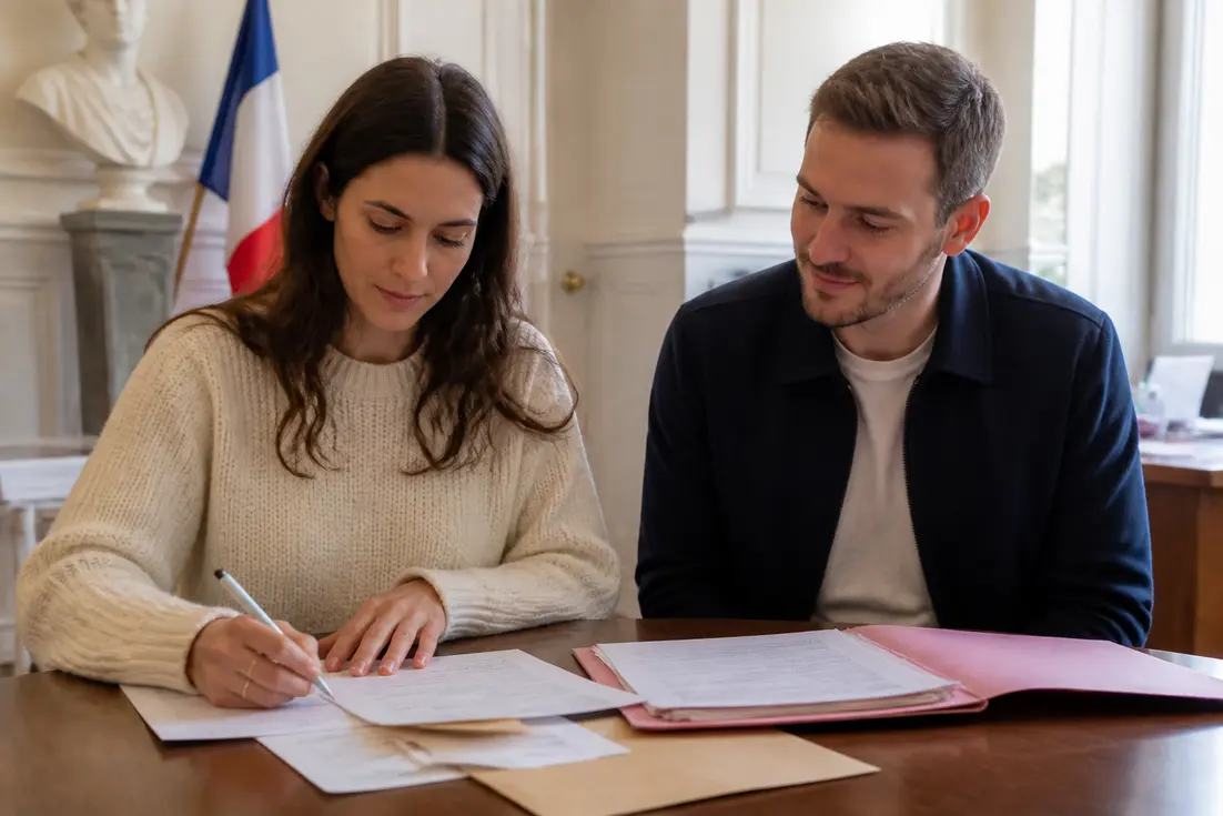 Futurs mariés consultant une liste documents mariage et des papiers administratifs sur une table en bois