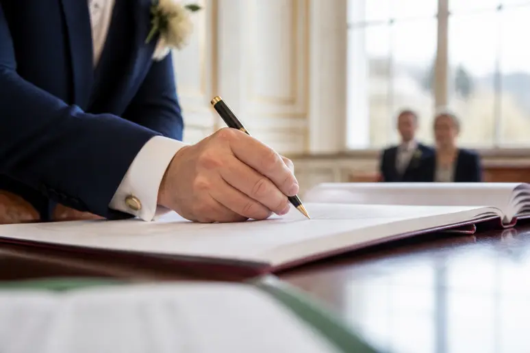 Mains signant le registre d'état civil en mairie lors des formalités de mariage