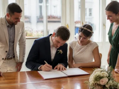 futurs mariés signant le registre avec leurs témoins lors d'une cérémonie civile pour illustrer les règles nombre témoins mariage