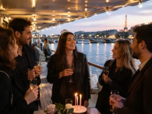 Amis célébrant un anniversaire lors d'une soirée festive avec peniche anniversaire paris sur la Seine