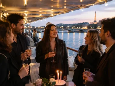 Amis célébrant un anniversaire lors d'une soirée festive avec peniche anniversaire paris sur la Seine