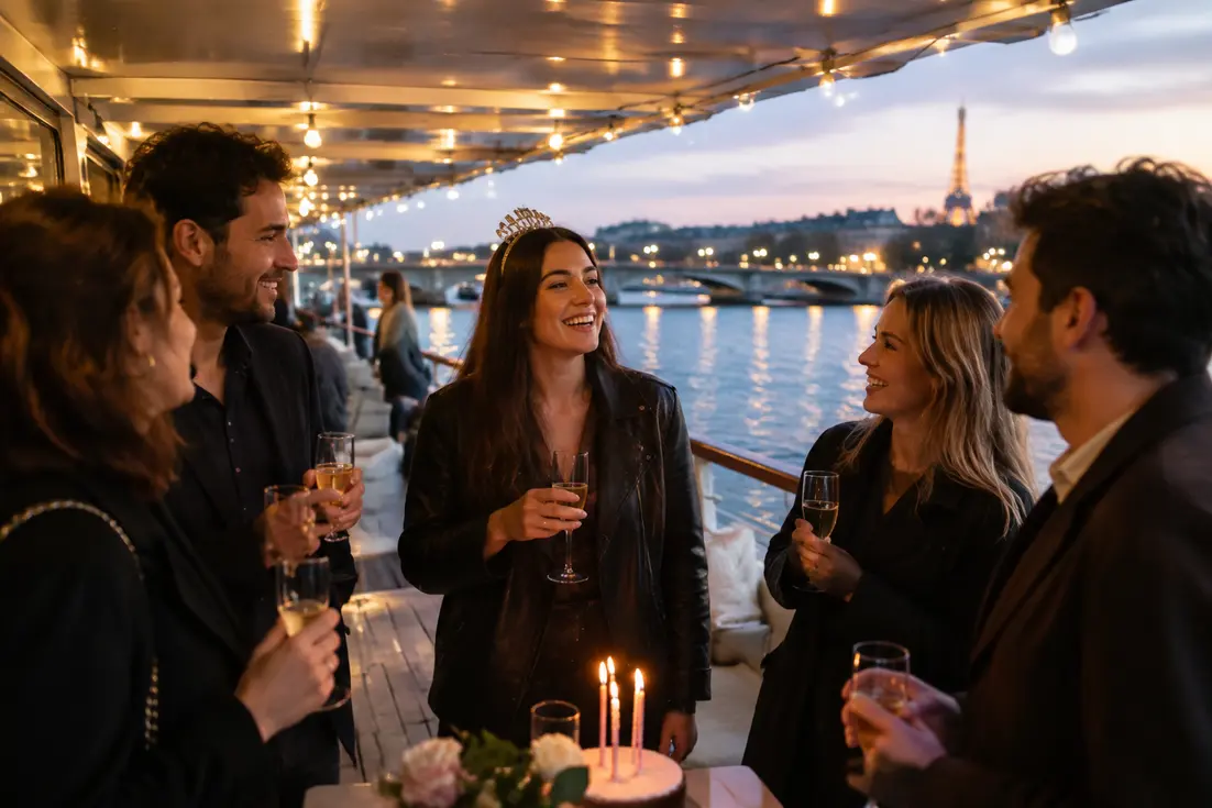 Amis célébrant un anniversaire lors d'une soirée festive avec peniche anniversaire paris sur la Seine