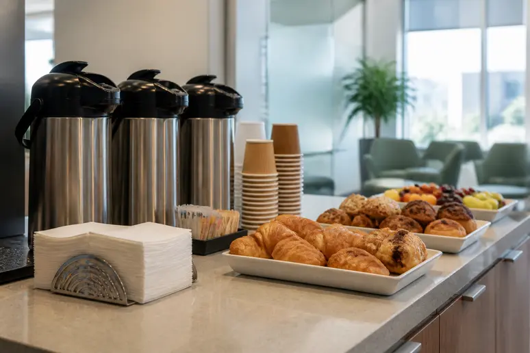Installation d'un buffet de petit-déjeuner d'entreprise avec thermos de café et viennoiseries bien disposées