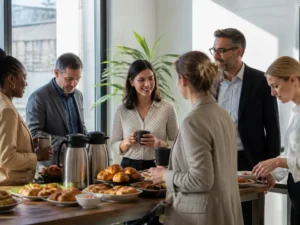 Équipe d'employés partageant un chaleureux petit-déjeuner d'entreprise autour d'une table garnie de viennoiseries au bureau.