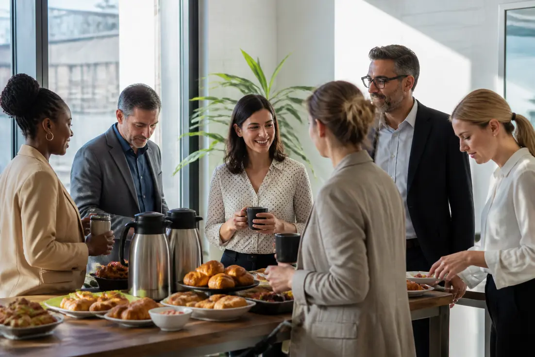 Équipe d'employés partageant un chaleureux petit-déjeuner d'entreprise autour d'une table garnie de viennoiseries au bureau.