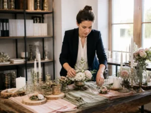 Un plan large d'un atelier de wedding design à Chartres montrant le tri du prix décoration mariage sur une table rustique