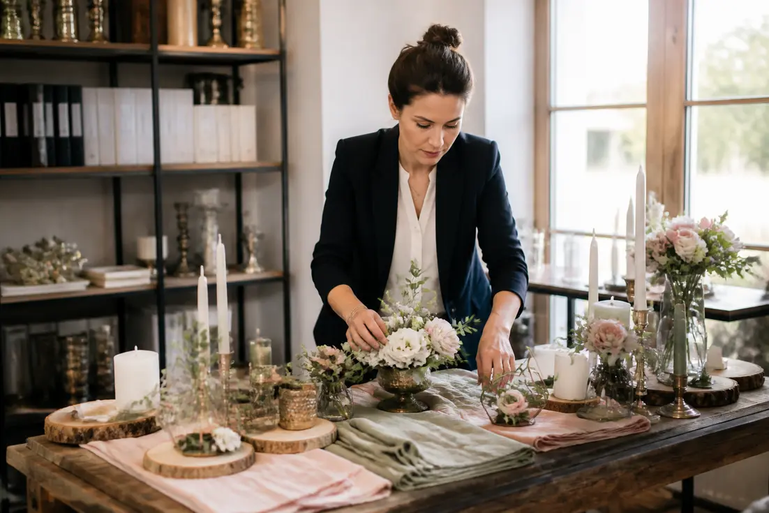 Un plan large d'un atelier de wedding design à Chartres montrant le tri du prix décoration mariage sur une table rustique