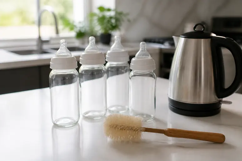 Sélection de biberons et accessoires indispensables posés sur un plan de travail de cuisine