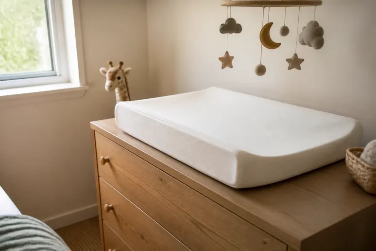 Plan à langer amovible installé sur une commode pour optimiser l'espace de la chambre