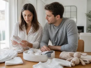 Un couple organise ses essentiels sur une table en bois pour savoir quoi mettre liste naissance efficacement.