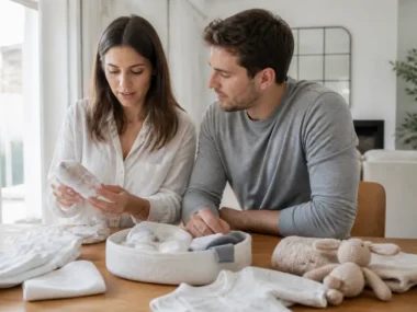 Un couple organise ses essentiels sur une table en bois pour savoir quoi mettre liste naissance efficacement.